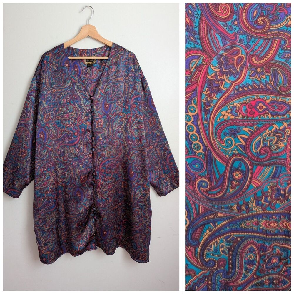 Vintage Liquid Satin BUTTON UP SLEEP SHIRT TUNIC Paisley Nightgown 22/24 Plus Sz